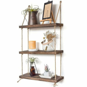 Triple Etagère murale suspendue en bois avec corde de jute