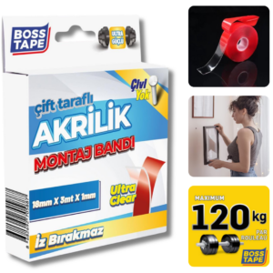 BOSS TAPE Double Face acrylique transparent 120kg 18mmx3m