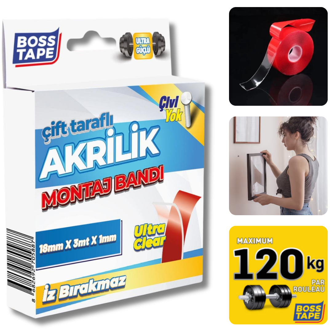 BOSS TAPE Double Face acrylique transparent 120kg 18mmx3m