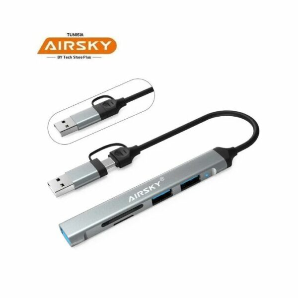 HUB AirSky HC-77 4en1 - Type C Vers 4 USB - Avec USB-C (Femelle) à USB A (Mâle)