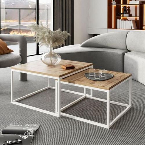 Set 2Tables gigognes - bois mdf marron - Acier - Blanc - L x l x H(50x50x50 )cm