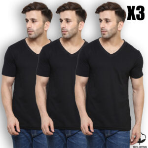 Pack de 3 T-Shirt Col V Noir 100% Coton