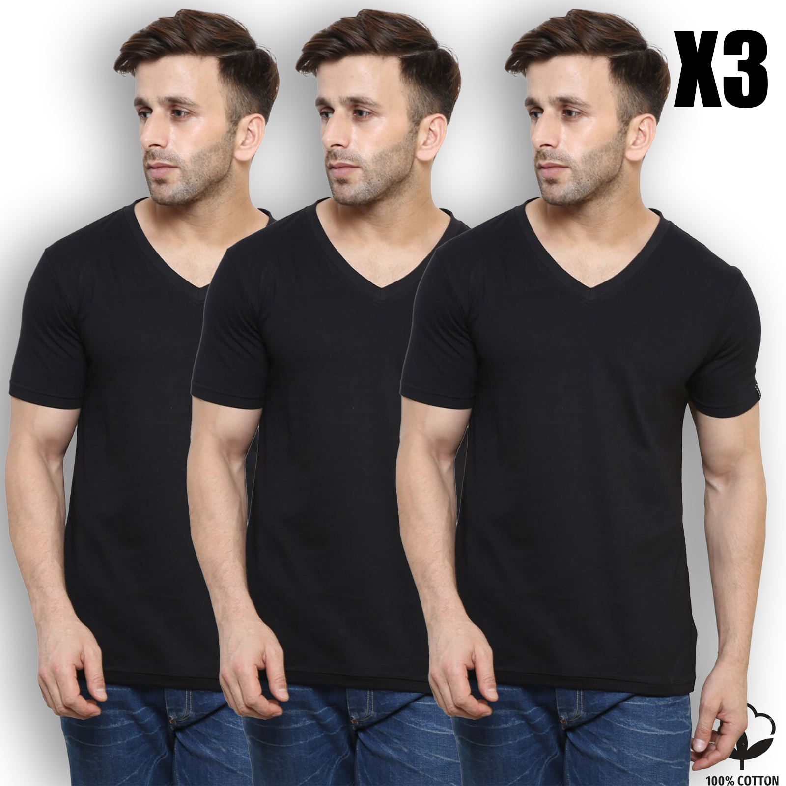 Pack de 3 T-Shirt Col V Noir 100% Coton