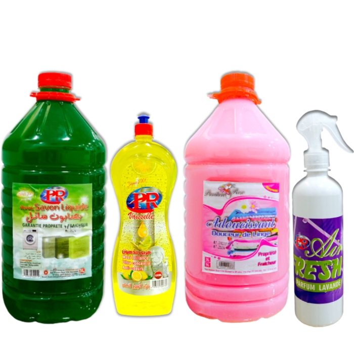 Pack de 4 : Assouplissant 5L + Savon Liquide 5L + Vaisselle 1250 ml + Air fresh Lavande 500 ml