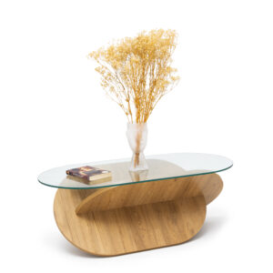 Manilal – Table basse ovale bi-matière verre et chêne clair, style scandinave
