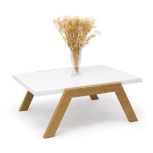 Galto – Table basse rectangulaire style japonais en blanc et chêne clair, finition mate.