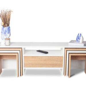 Caldera - Meuble TV 1 étagère, 1 porte à abattant et 2x3 tables gigognes