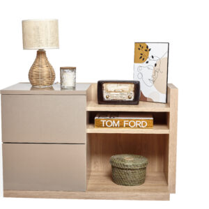 Alya – Table de nuit bi-matière avec 2 grands tiroirs et compartiments ouverts