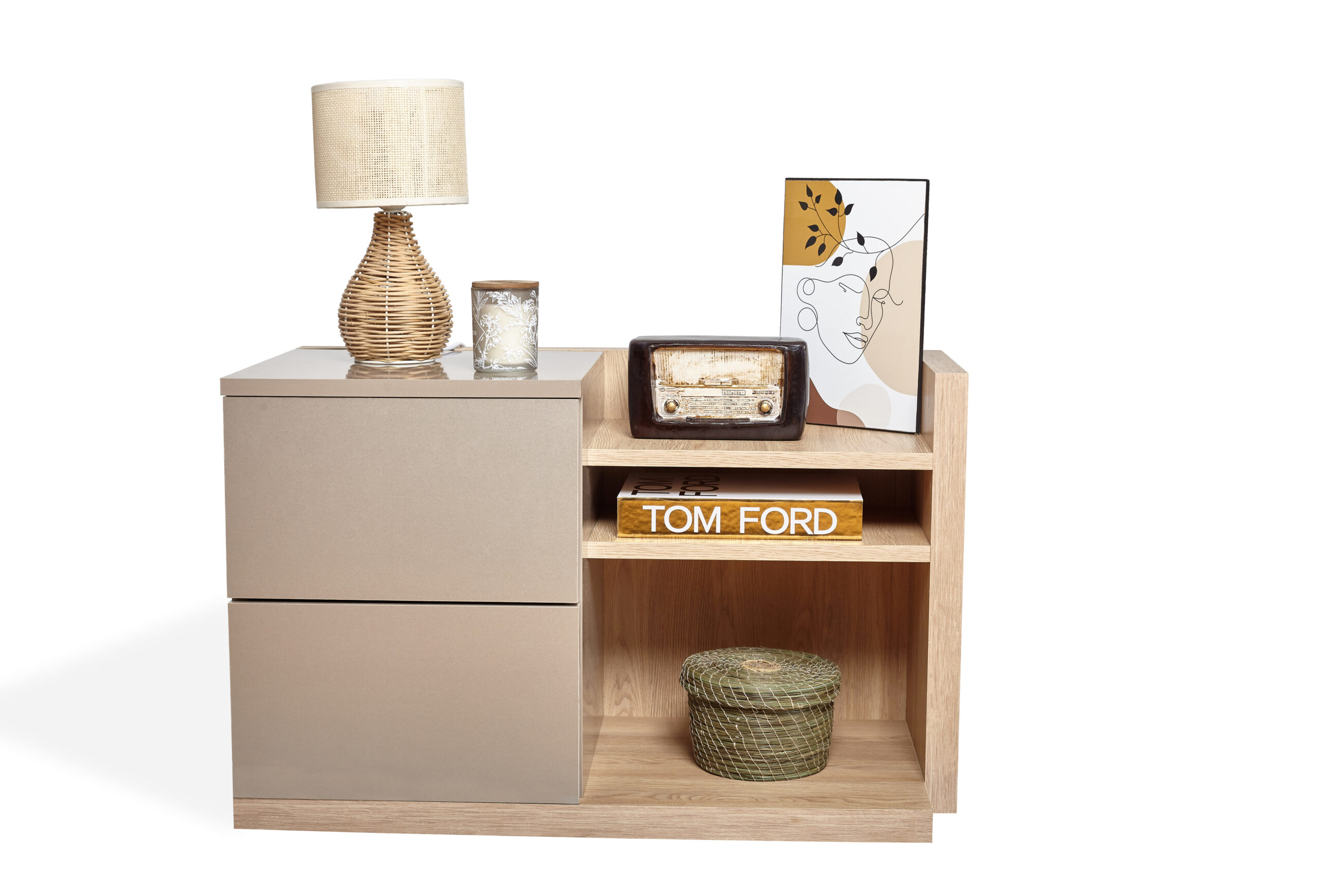 Alya – Table de nuit bi-matière avec 2 grands tiroirs et compartiments ouverts