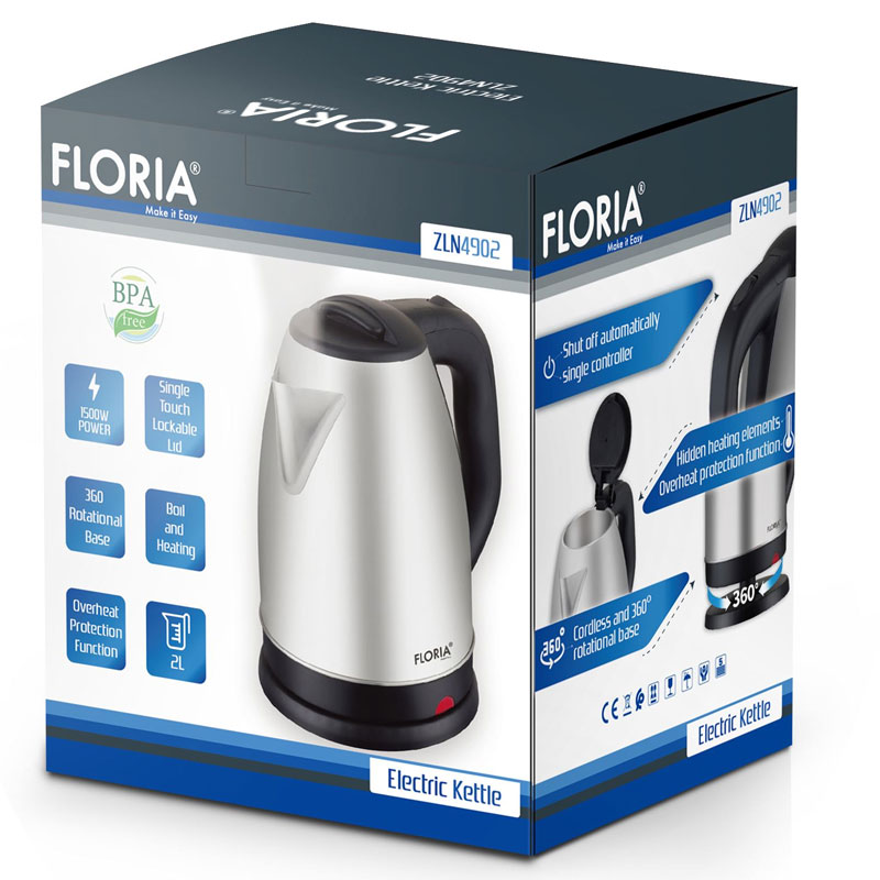 Bouilloire Sans Fil FLORIA ZLN4902 2 Litres – Inox